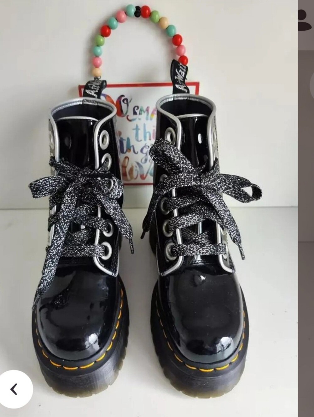 NWOB! Dr Martens  Patent MOLLY Platform Boots w/ Silver Contrast Accents. Size 8